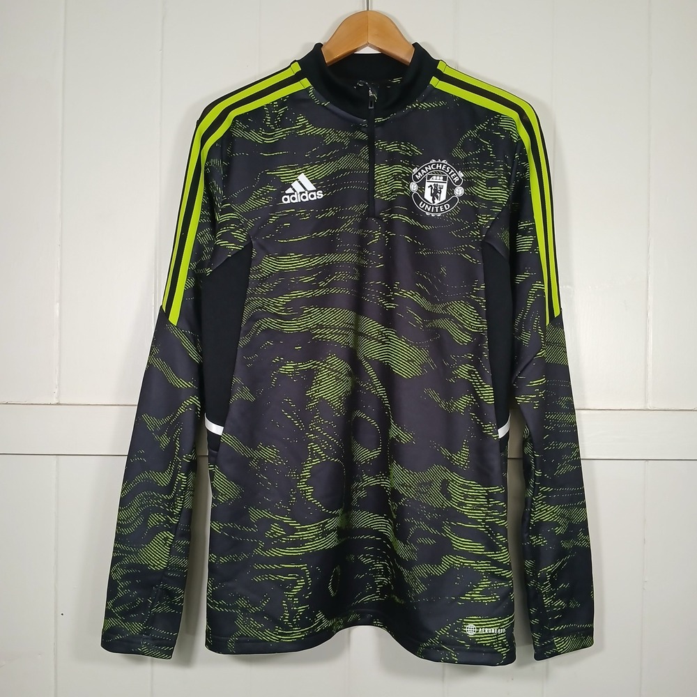 Adidas Manchester United Training Top Mens M Black Green HE6686 Quarter Zip
